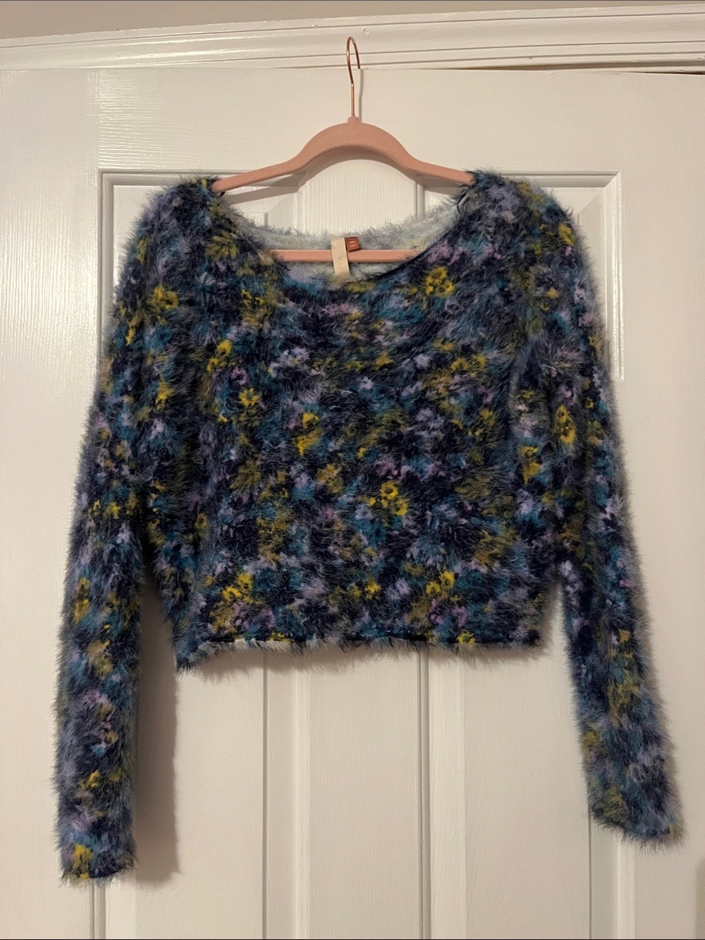 Pilcro Anthropologie Fuzzy Sweater XXS Cropped Floral Blue Abstract Knit